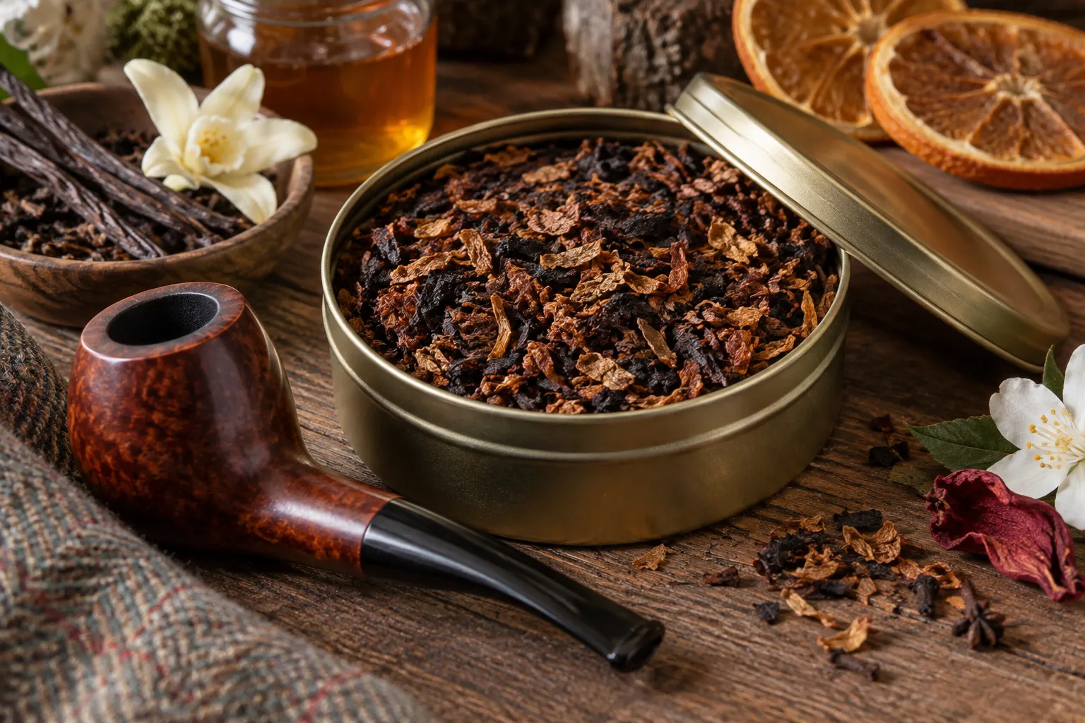 Aromatischer Pfeifentabak und Briarpfeife als Stillleben