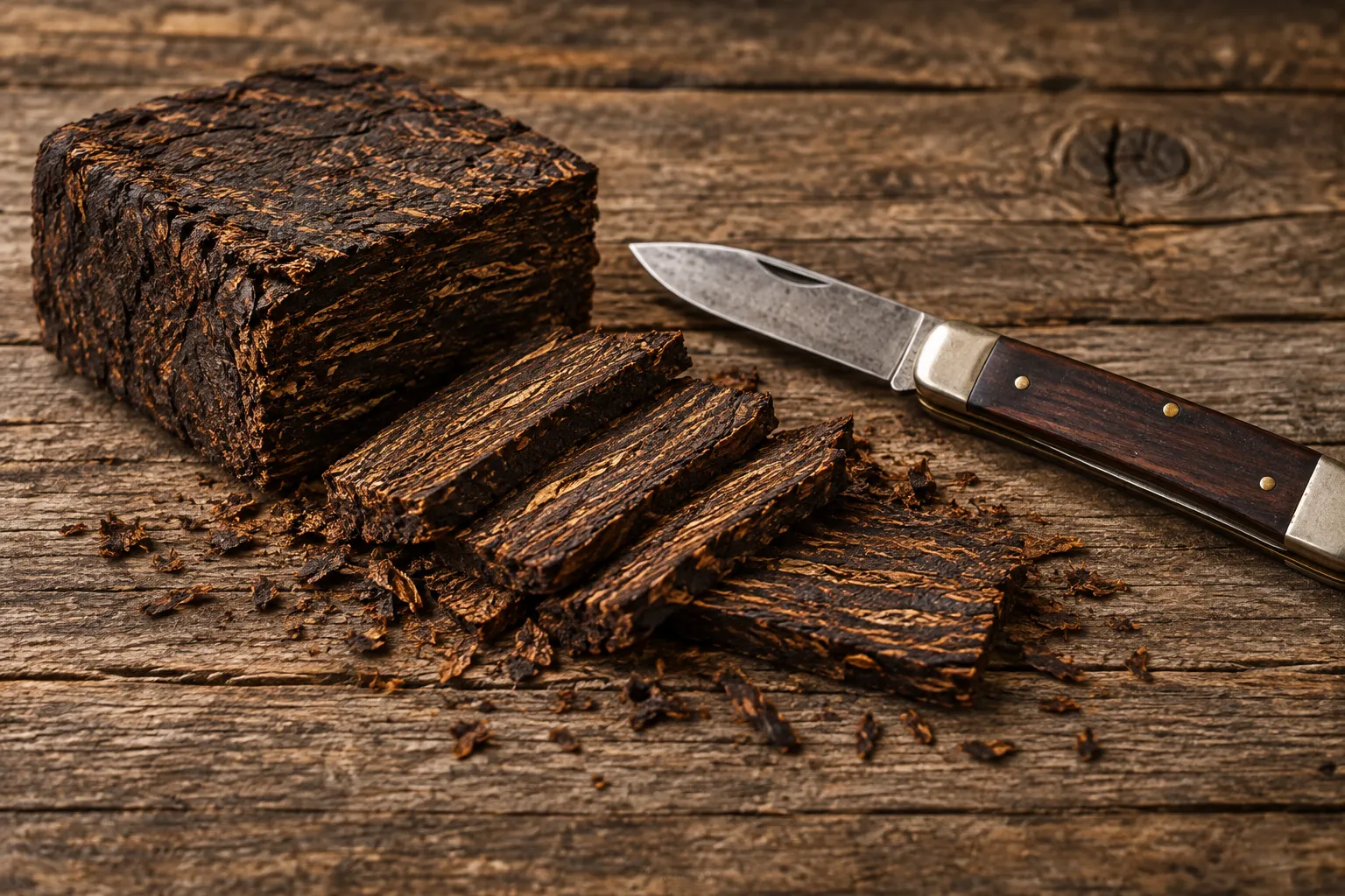 Kautabakstücke und Taschenmesser auf rustikalem Holz