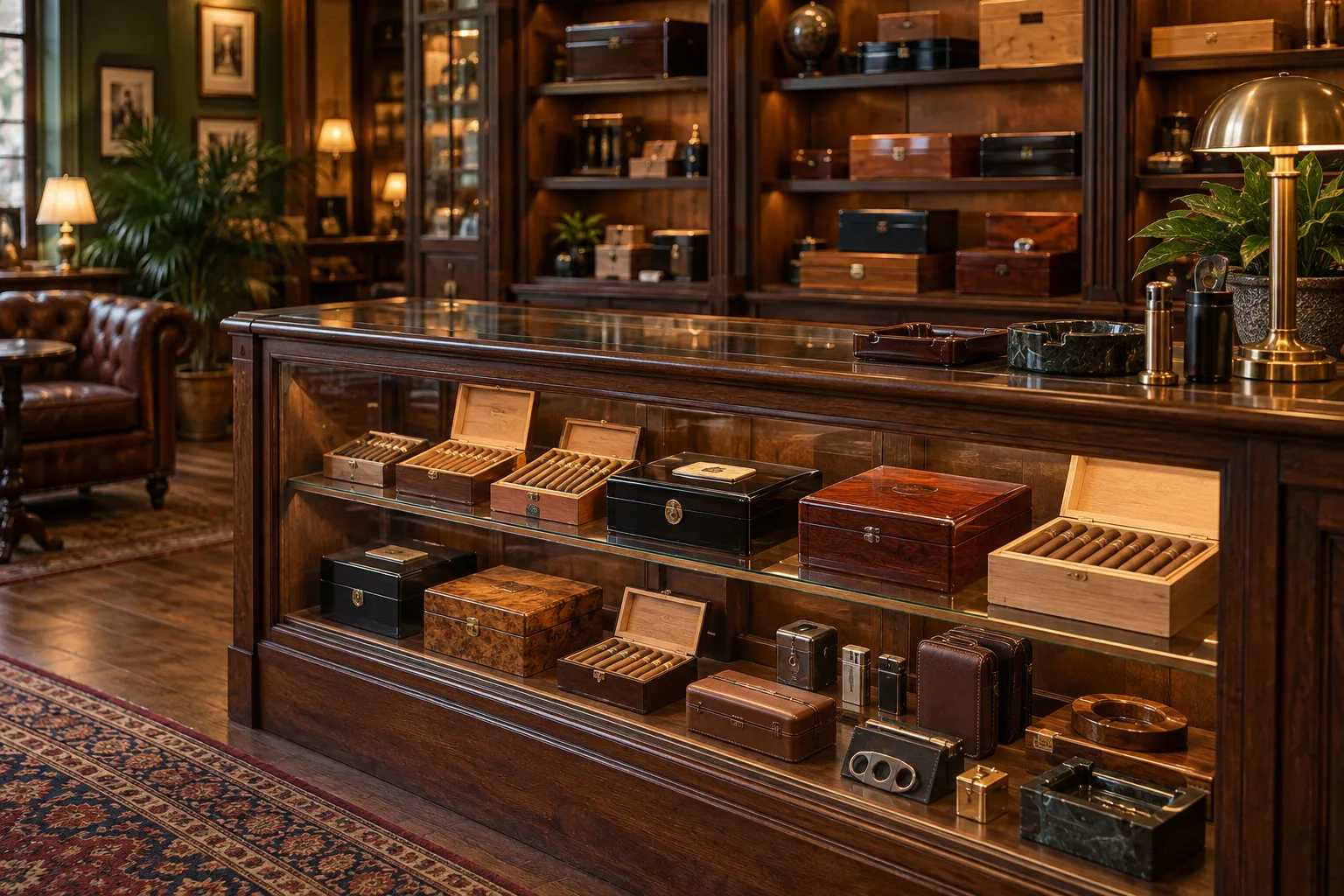 Holzvitrine eines Tabakgeschäfts mit Zigarren und Zubehör