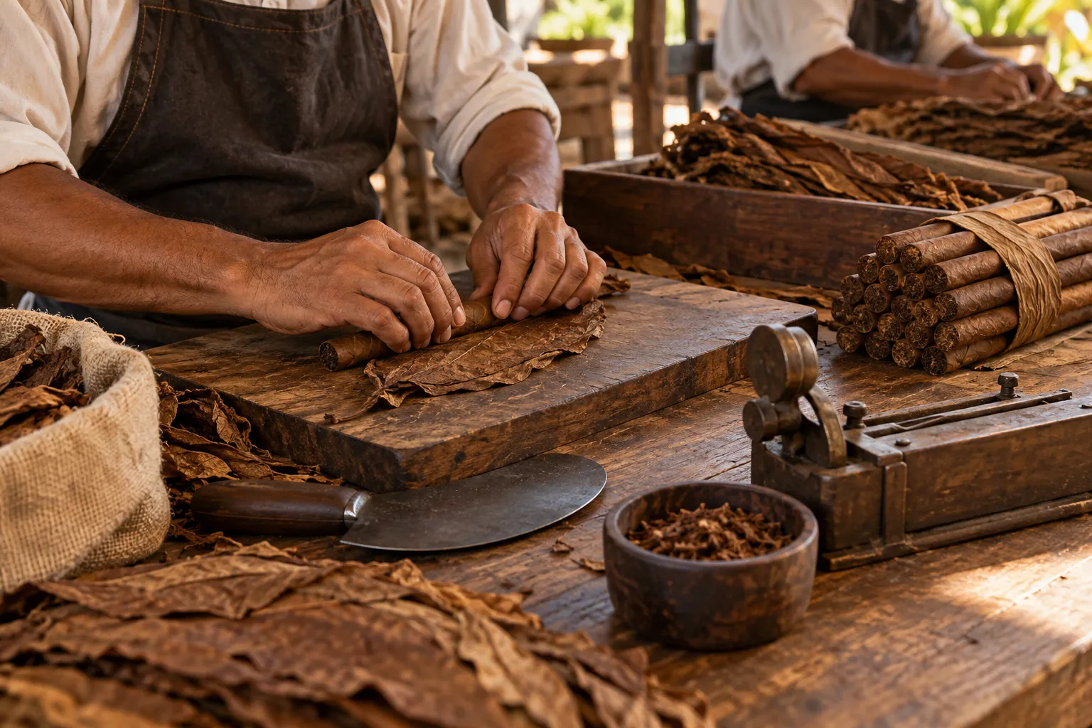 Handarbeit beim Rollen einer Zigarre in einer Tabakwerkstatt